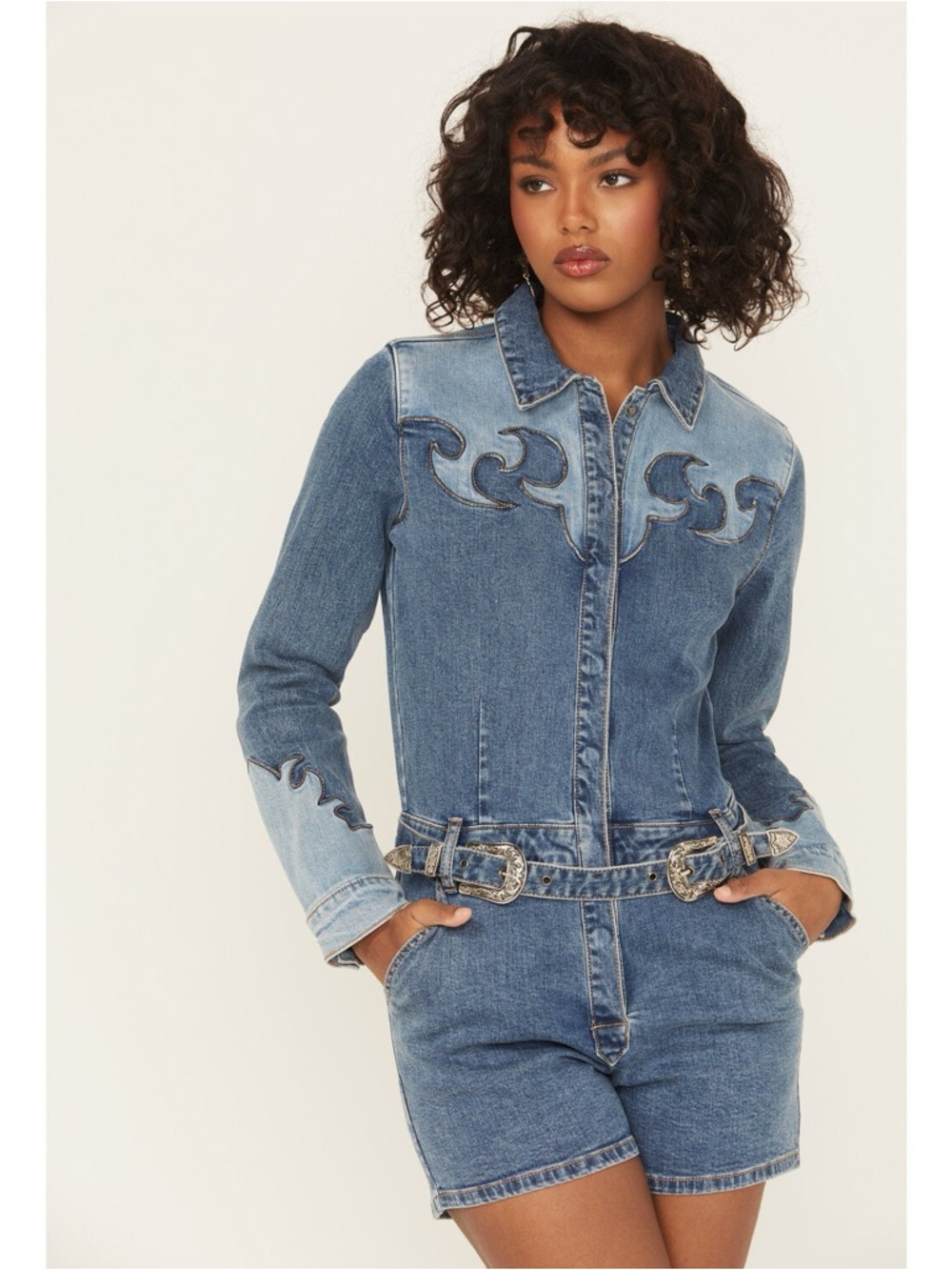 Rock & Roll Denim Medium Wash Long Sleeve Snap Stretch Denim Romper